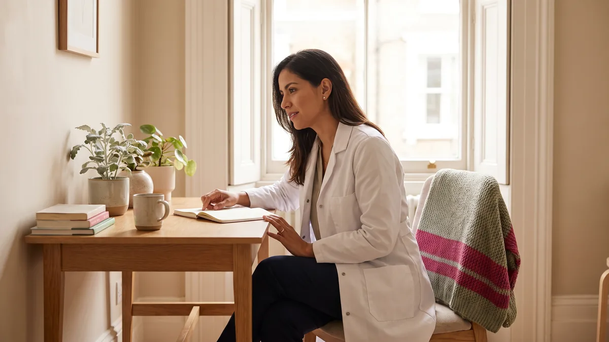 Médica general colombiana en un consultorio luminoso, sentada frente a un escritorio con una libreta, atendiendo con calma