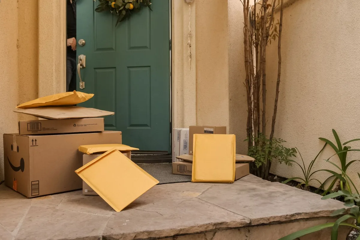 Paquetes de un pedido entregados en la puerta de una casa