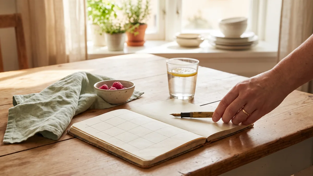 Libreta abierta con una tabla sencilla para anotar la hora y la forma de cada deposición, junto a un vaso de agua sobre una mesa de madera
