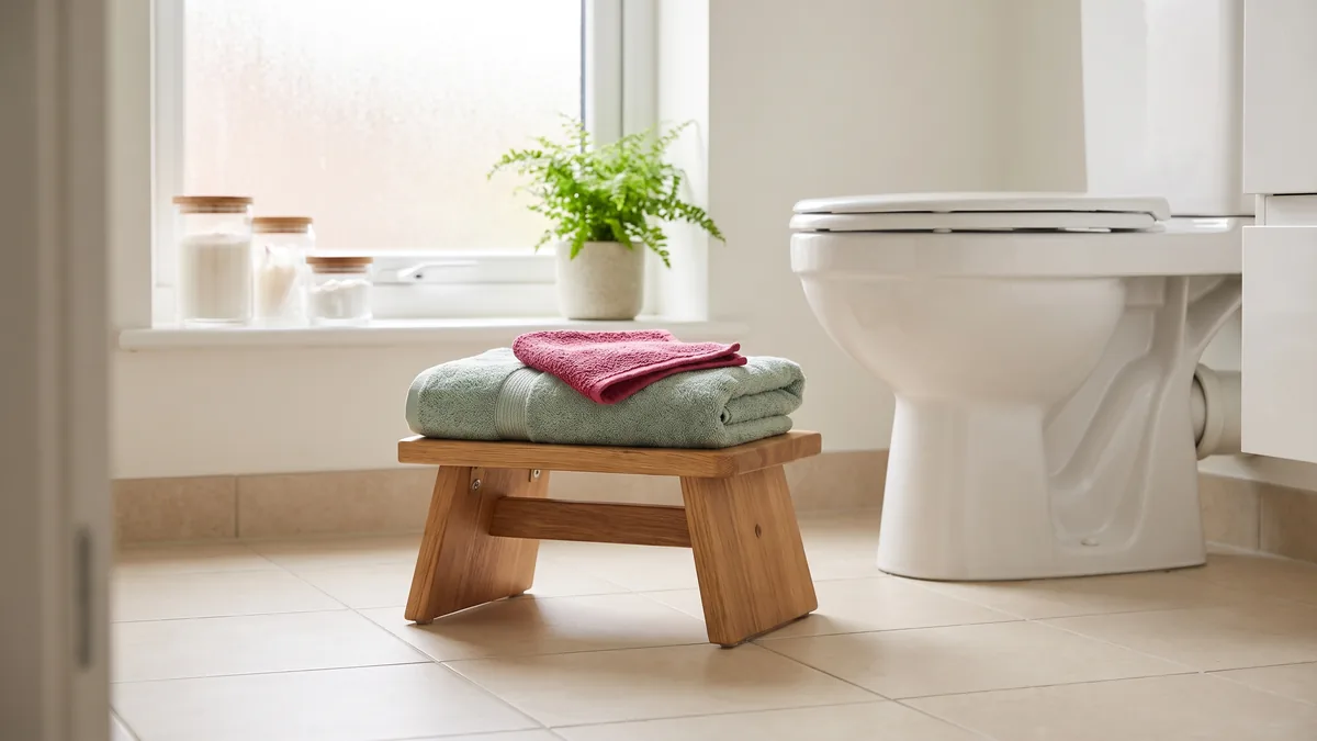 Baño sencillo y luminoso con un banquito de madera clara frente al inodoro, sobre piso de baldosa blanca