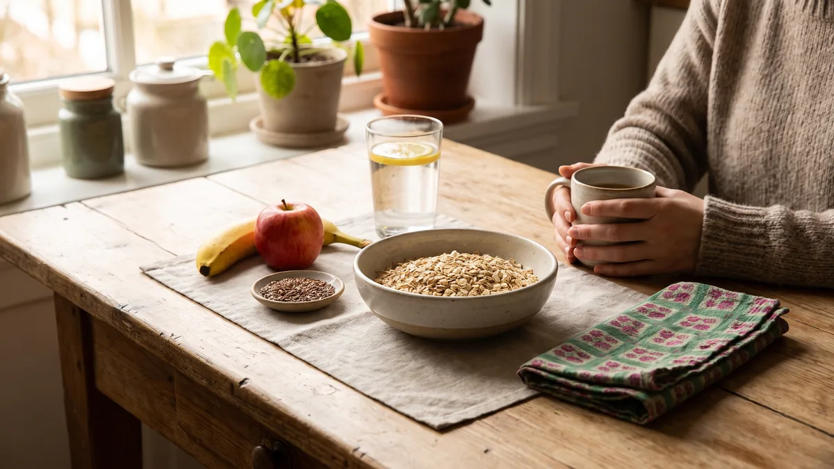 Mesa de cocina con avena, linaza, una manzana, un plátano y un vaso grande de agua, luz natural de mañana