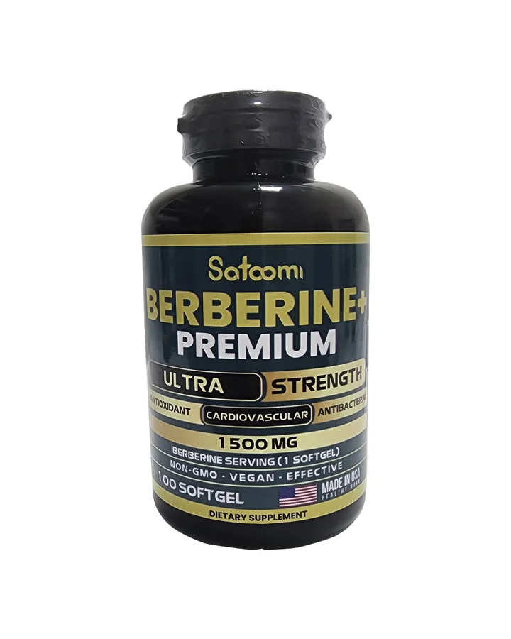 Frasco negro y dorado de Berberine+ Premium de Satoomi: 1500 mg, 100 cápsulas, hecho en EE. UU.