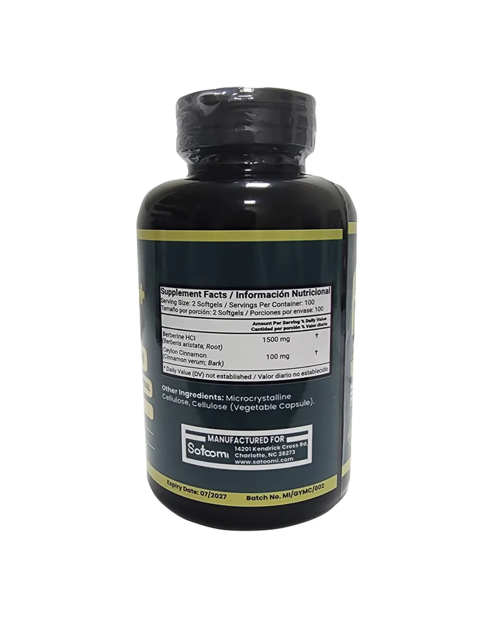Parte de atrás del frasco con la información nutricional: berberina HCl 1500 mg y canela de Ceilán 100 mg