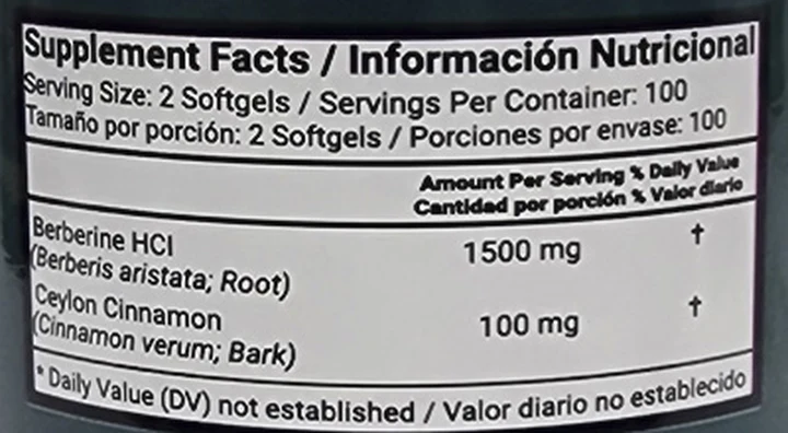 Información nutricional de la etiqueta: berberina HCl 1500 mg (Berberis aristata, raíz) y canela de Ceilán 100 mg (Cinnamomum verum, corteza)