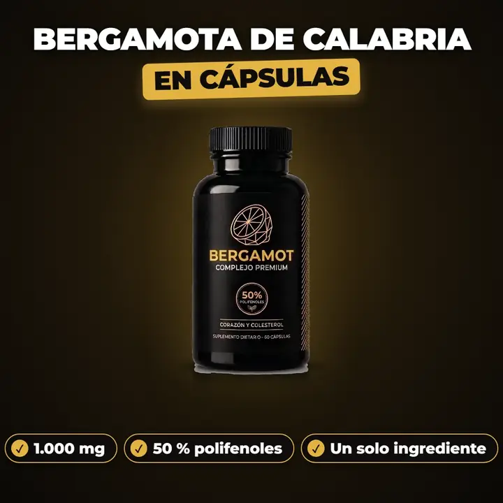 Frasco negro de BERGAMOT con el texto «Bergamota de Calabria en cápsulas» y las etiquetas 1.000 mg, 50 % polifenoles y un solo ingrediente