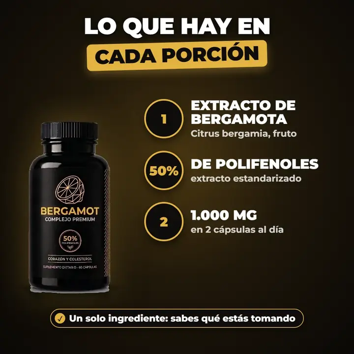 El frasco de BERGAMOT junto a lo que trae cada porción: extracto de bergamota, 50 % de polifenoles y 1.000 mg en 2 cápsulas