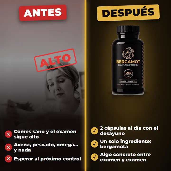 Antes y después. Antes: una mujer preocupada con el sello «alto»: come sano y el examen sigue alto, ya probó avena, pescado y omega, espera al próximo control. Después: el frasco de BERGAMOT, 2 cápsulas al día con el desayuno, un solo ingrediente