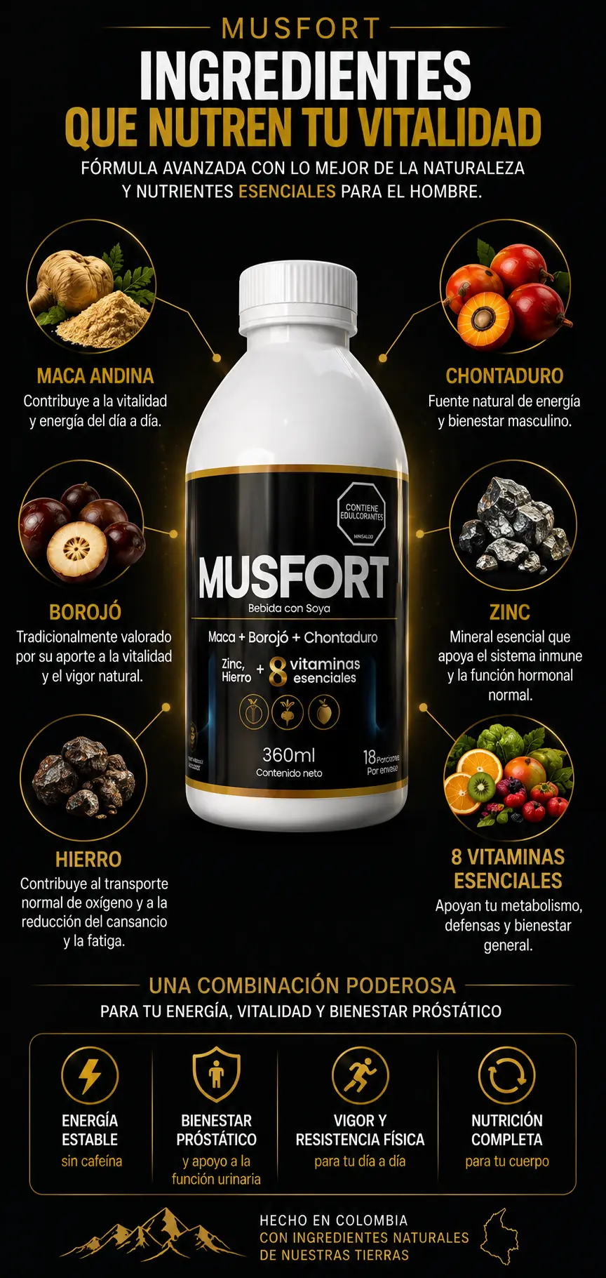 Musfort — ingredientes: maca andina, borojó, chontaduro, zinc, hierro y 8 vitaminas esenciales.