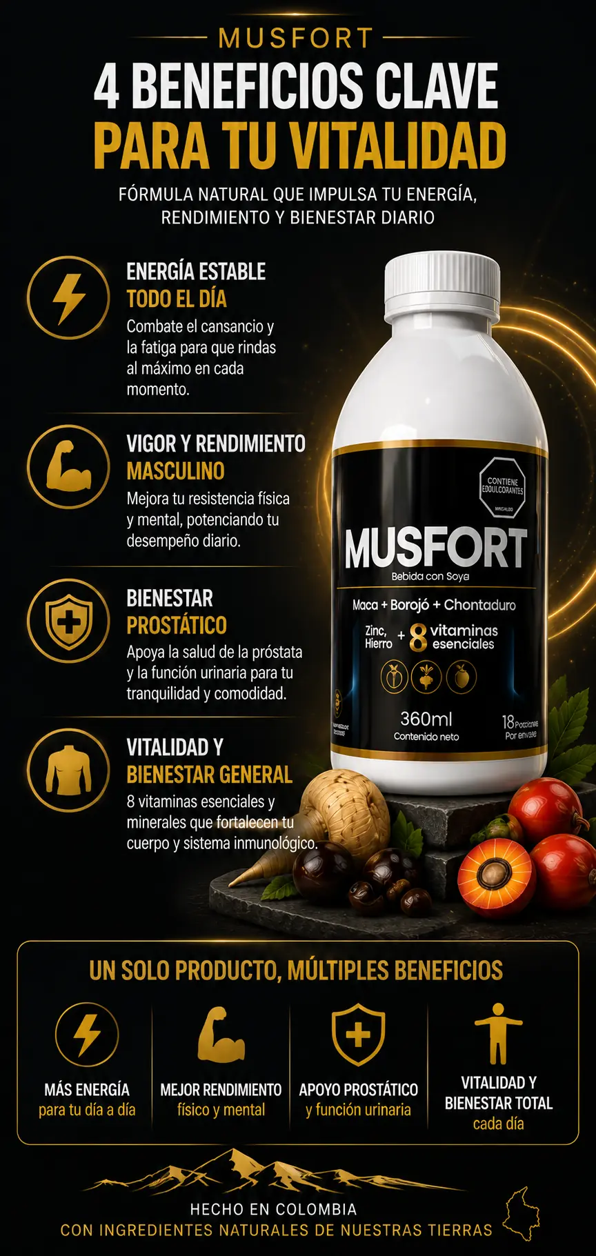Musfort — energía estable todo el día, vigor y rendimiento, apoyo al bienestar prostático y la función urinaria, y vitalidad general.