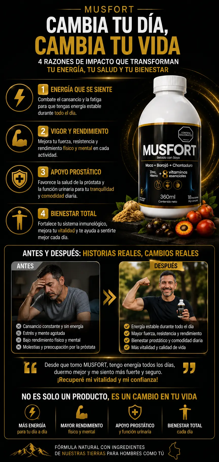 Musfort — por qué elegirlo: fórmula natural hecha en Colombia con ingredientes de nuestras tierras.