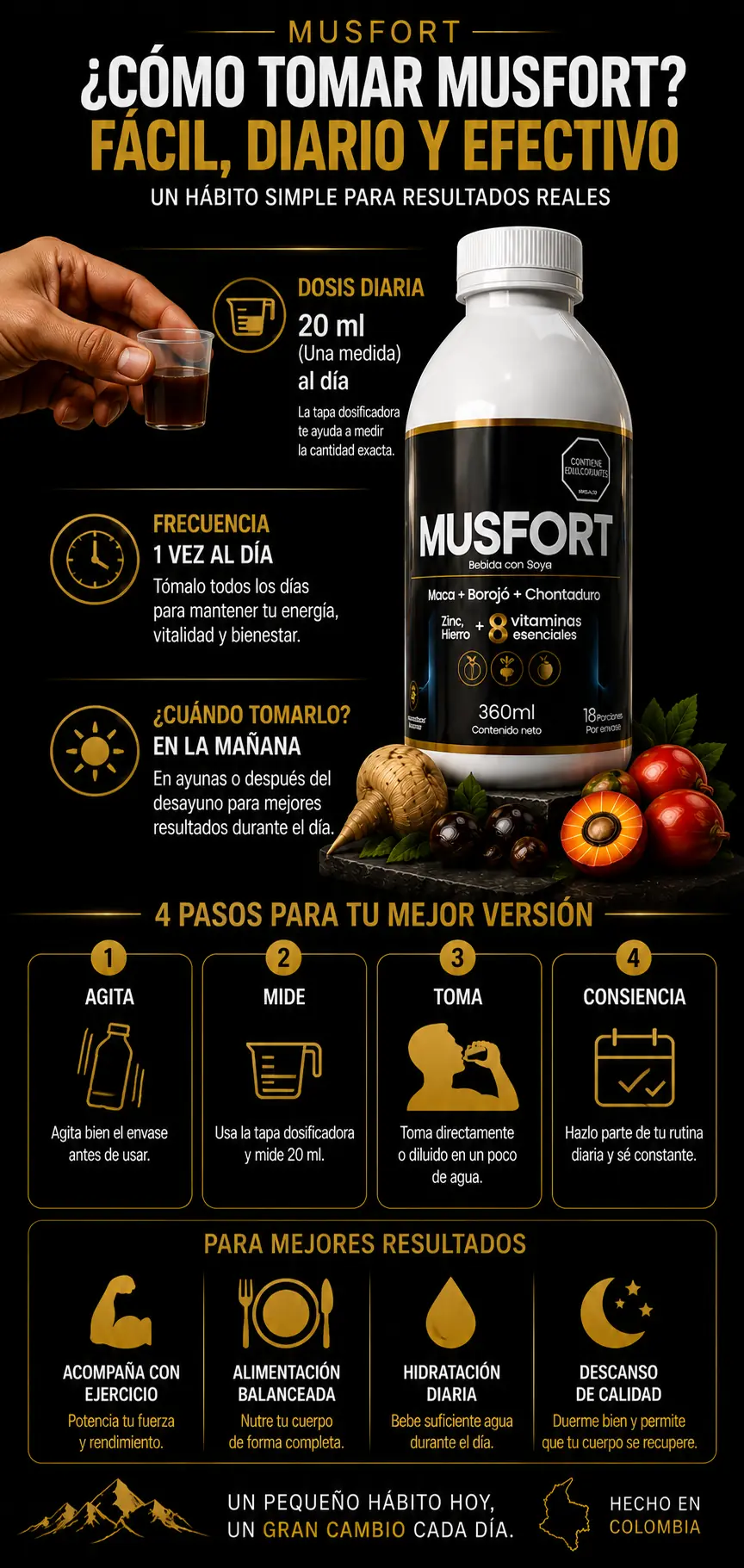 Musfort — cómo tomarlo: 20 ml al día con la tapa dosificadora, una vez al día, en la mañana en ayunas o después del desayuno.