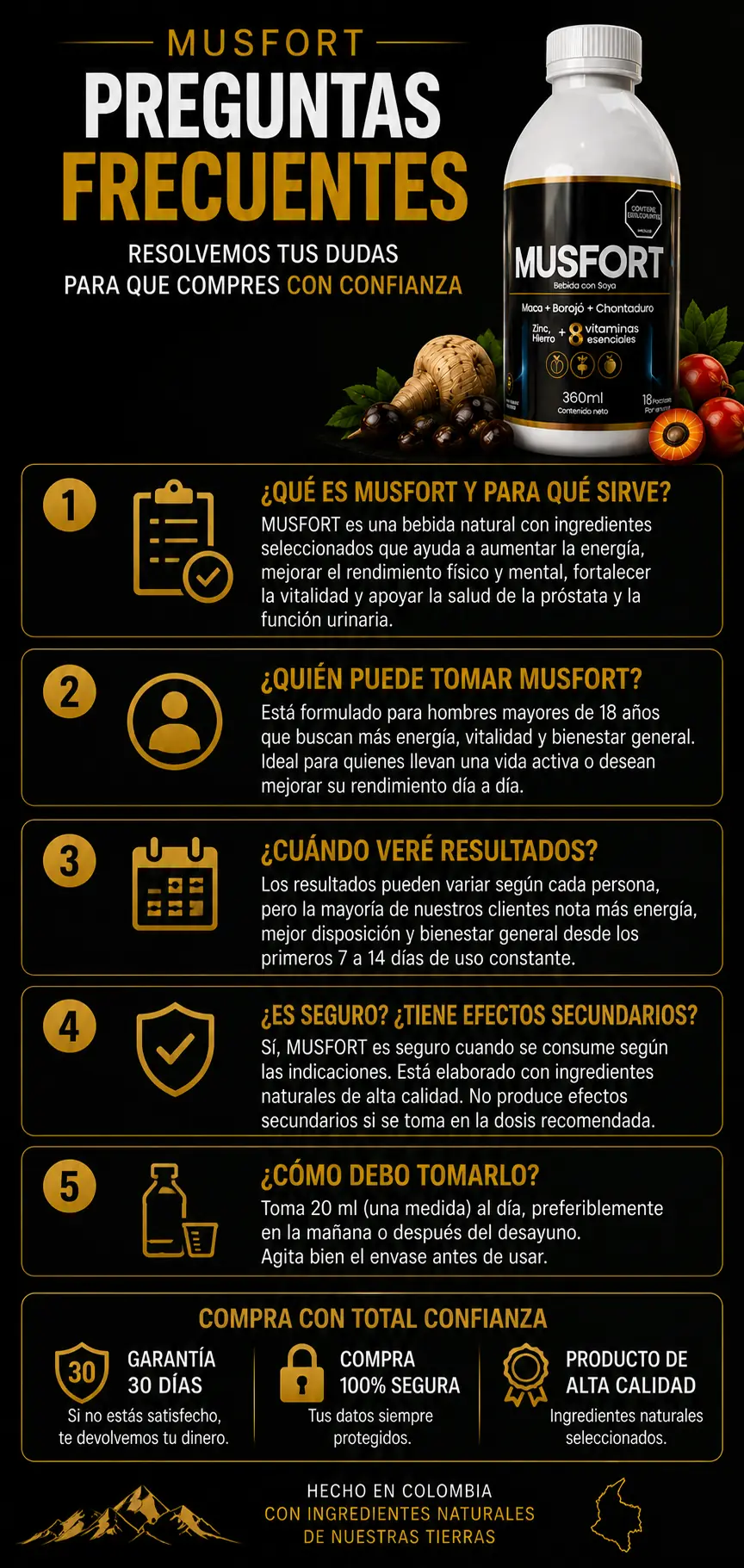 Musfort — preguntas frecuentes: qué es, quién puede tomarlo, cuándo se ven resultados, seguridad y dosis de 20 ml al día.