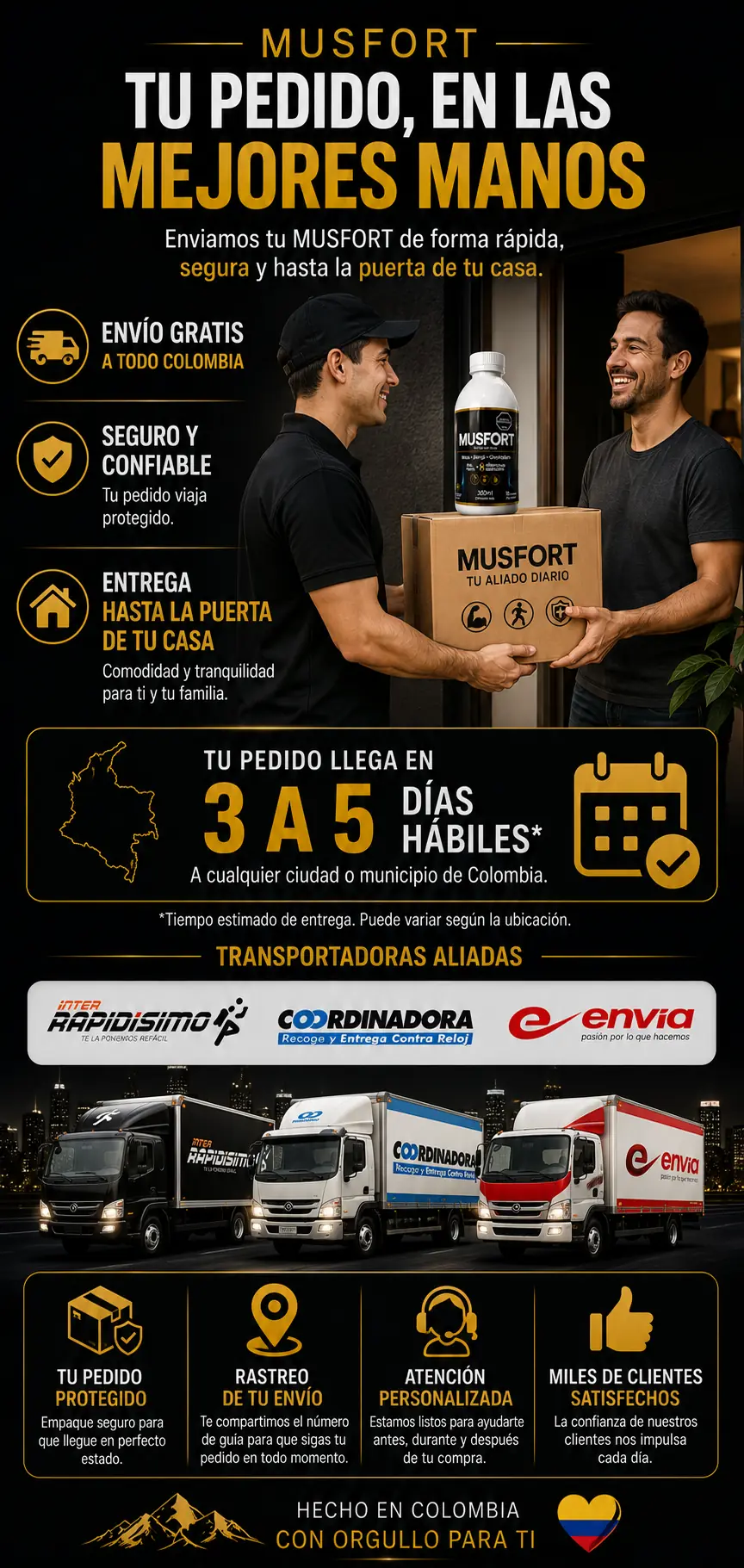 Musfort — tu pedido llega seguro con Coordinadora, Inter Rapidísimo y Envía, con cobertura nacional y seguimiento.