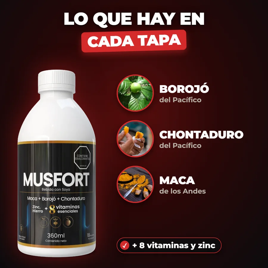 El frasco de Musfort junto a sus ingredientes: borojó y chontaduro del Pacífico, maca de los Andes, más 8 vitaminas y zinc