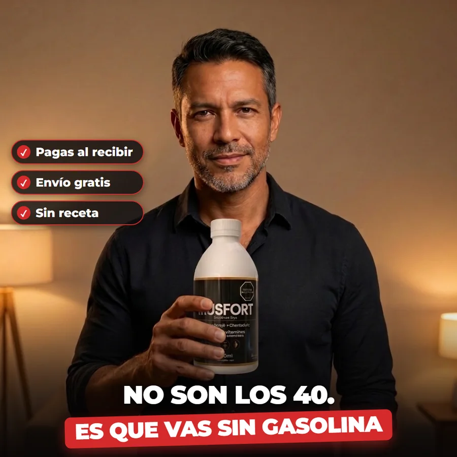 Un hombre de unos 40 años con un frasco de Musfort en la mano y el texto «No son los 40. Es que vas sin gasolina»
