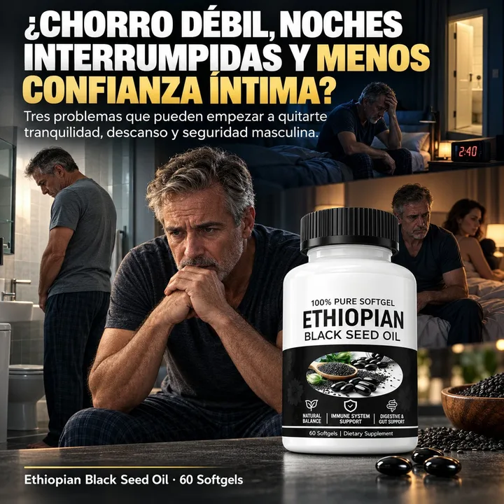 Hombre mayor preocupado, sentado de noche, junto al frasco de aceite de semilla negra: chorro débil, noches interrumpidas y menos confianza íntima
