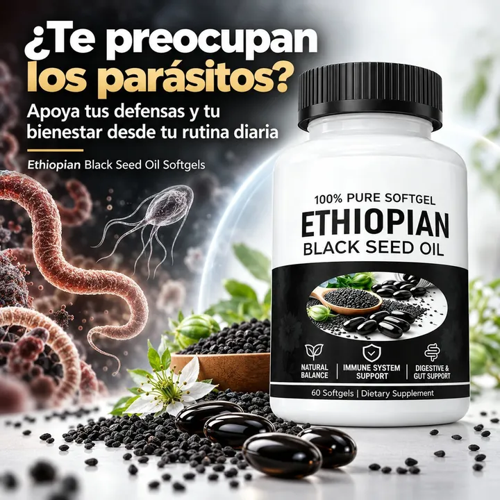 Frasco de aceite de semilla negra junto a semillas y cápsulas blandas, con ilustraciones de parásitos al fondo. Texto: ¿te preocupan los parásitos?