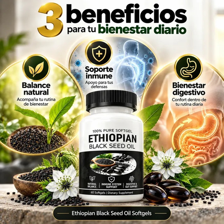 Frasco de aceite de semilla negra con tres apoyos: balance natural, defensas y bienestar digestivo