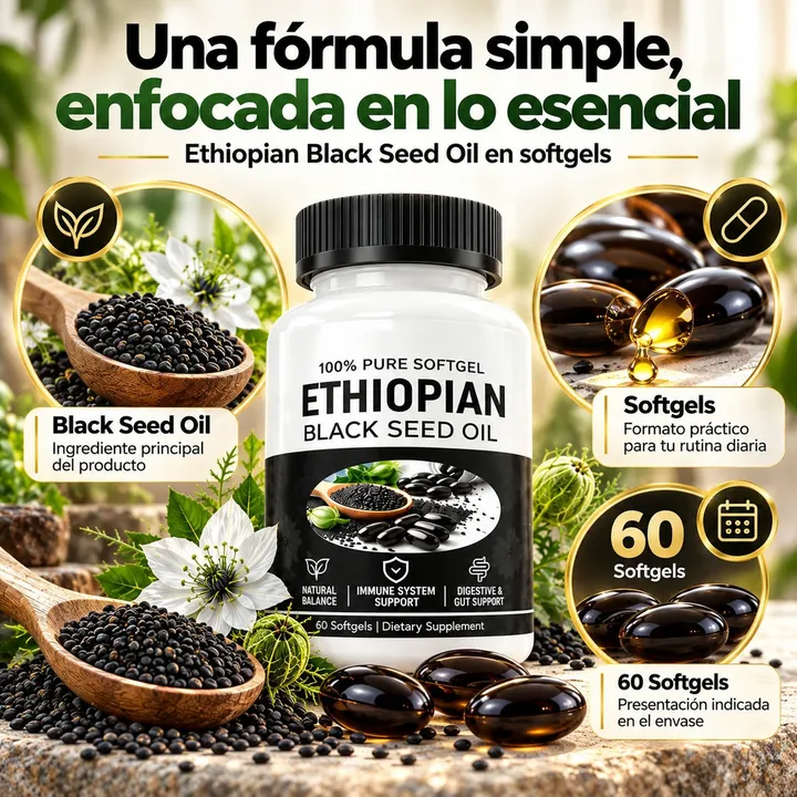 Frasco de aceite de semilla negra con una cuchara de semillas y cápsulas blandas: un solo ingrediente, 60 cápsulas