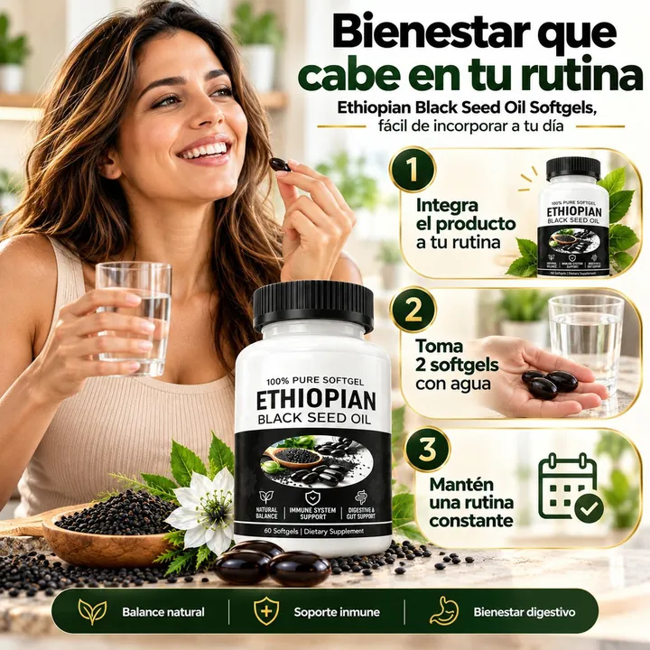 Mujer sonriendo con una cápsula y un vaso de agua: integra el producto a tu rutina, toma 2 con agua y sé constante
