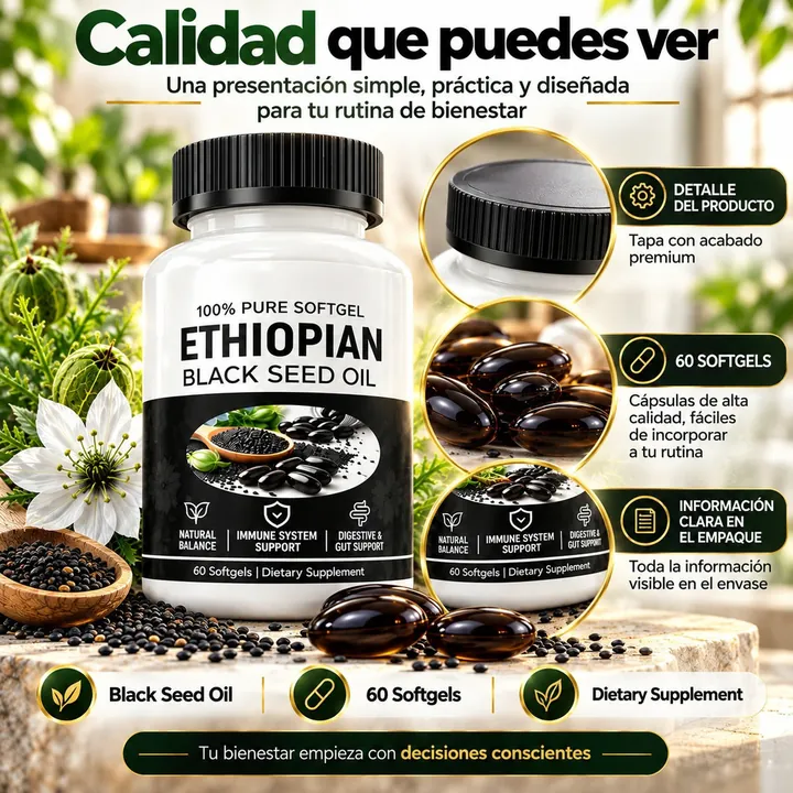 Detalle del frasco, la tapa y las cápsulas blandas negras, con la información del empaque