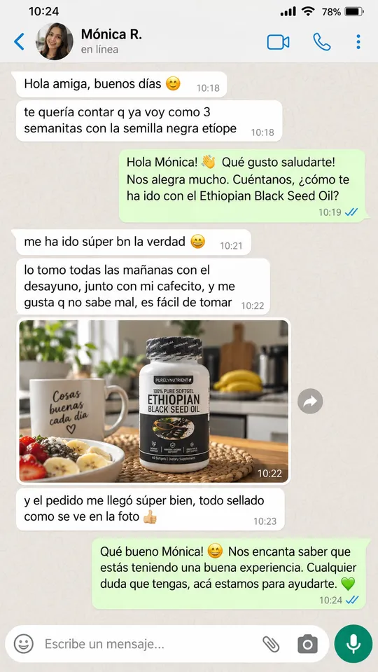 Conversación de WhatsApp: Mónica cuenta que lleva tres semanas con la semilla negra, que la toma con el desayuno y que el pedido llegó sellado