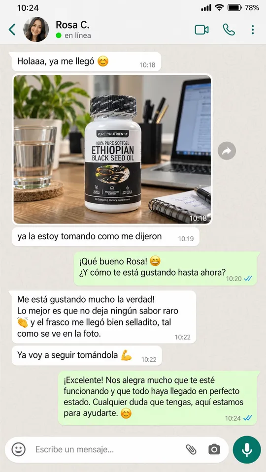 Conversación de WhatsApp: Rosa cuenta que le llegó el pedido sellado y que no le deja sabor raro