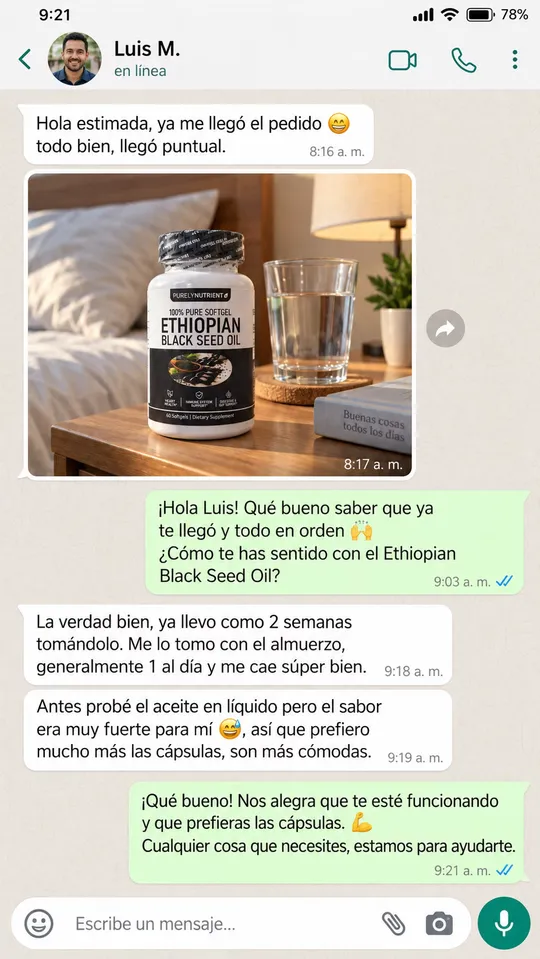 Conversación de WhatsApp: Luis cuenta que lleva dos semanas y que prefiere las cápsulas al aceite líquido