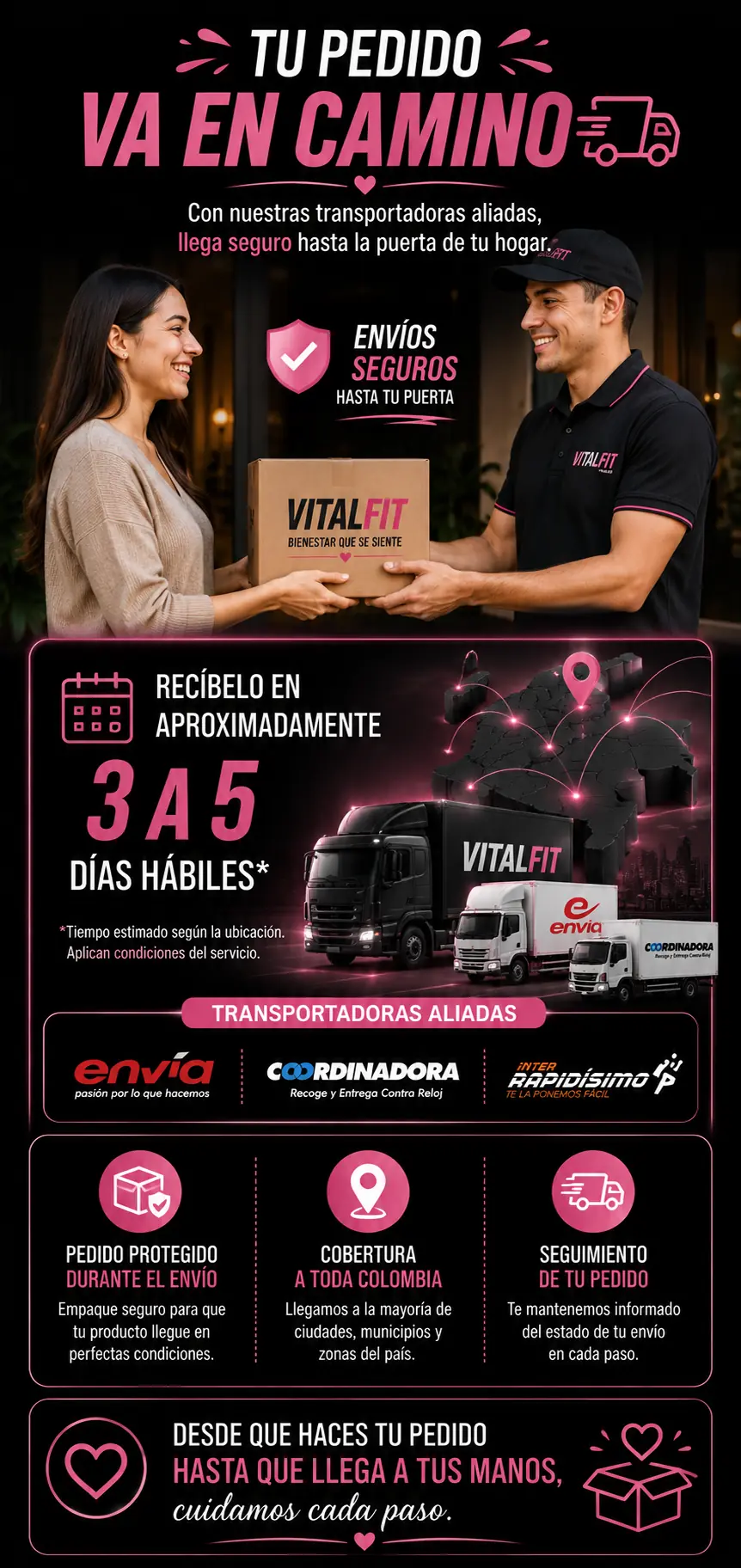 Vitalfit — tu pedido va en camino: recíbelo en aproximadamente 3 a 5 días hábiles con Envía, Coordinadora e Inter Rapidísimo. Pedido protegido y con seguimiento.