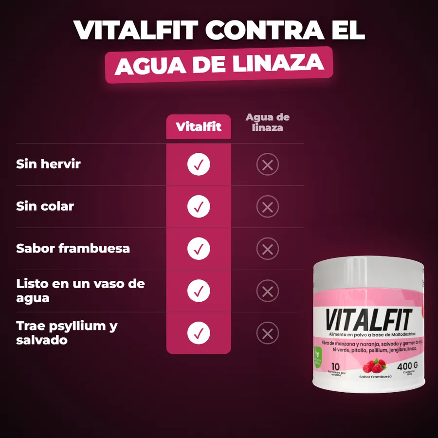 Tabla que compara Vitalfit con el agua de linaza casera: sin hervir, sin colar, sabor frambuesa, listo en un vaso de agua y trae psyllium y salvado